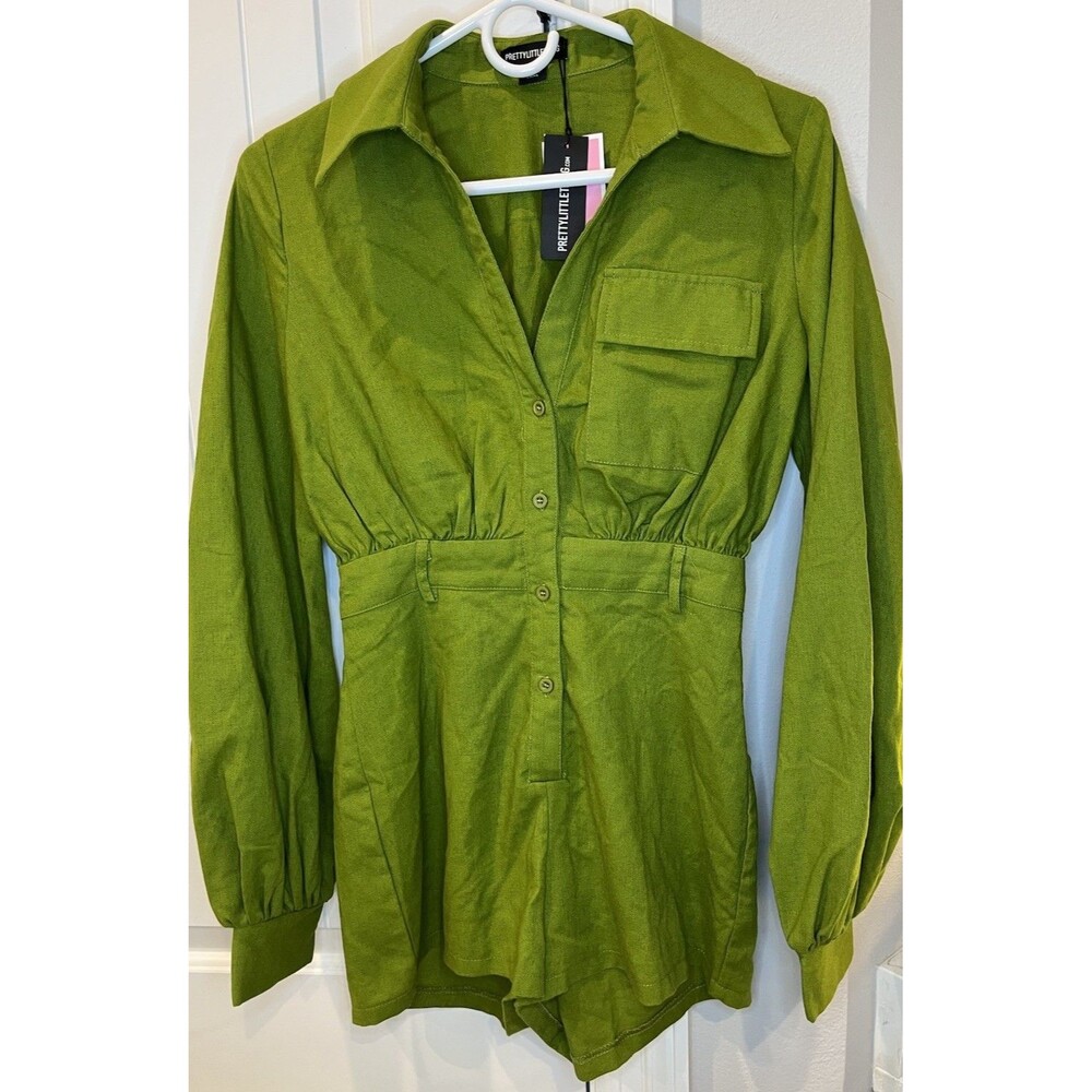 Women's PrettyLittleThing Olive Linen Look Shirt Romper - Size 0